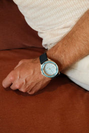1956 Marine Steel Light Blue lifestyle, black strap