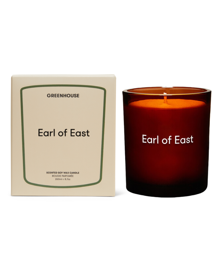 Earl of East Greenhouse candle in amber glass with its boxed sleeve