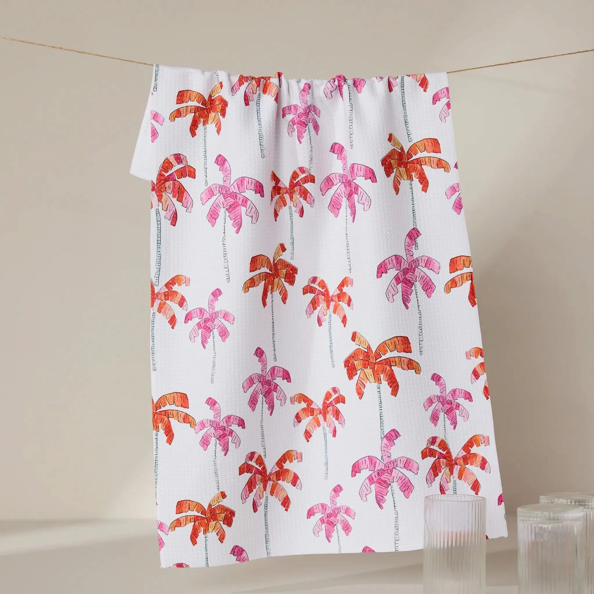 Geometry Pink Palms kitchen tea towel, watercolor palm trees in pink and coral on white