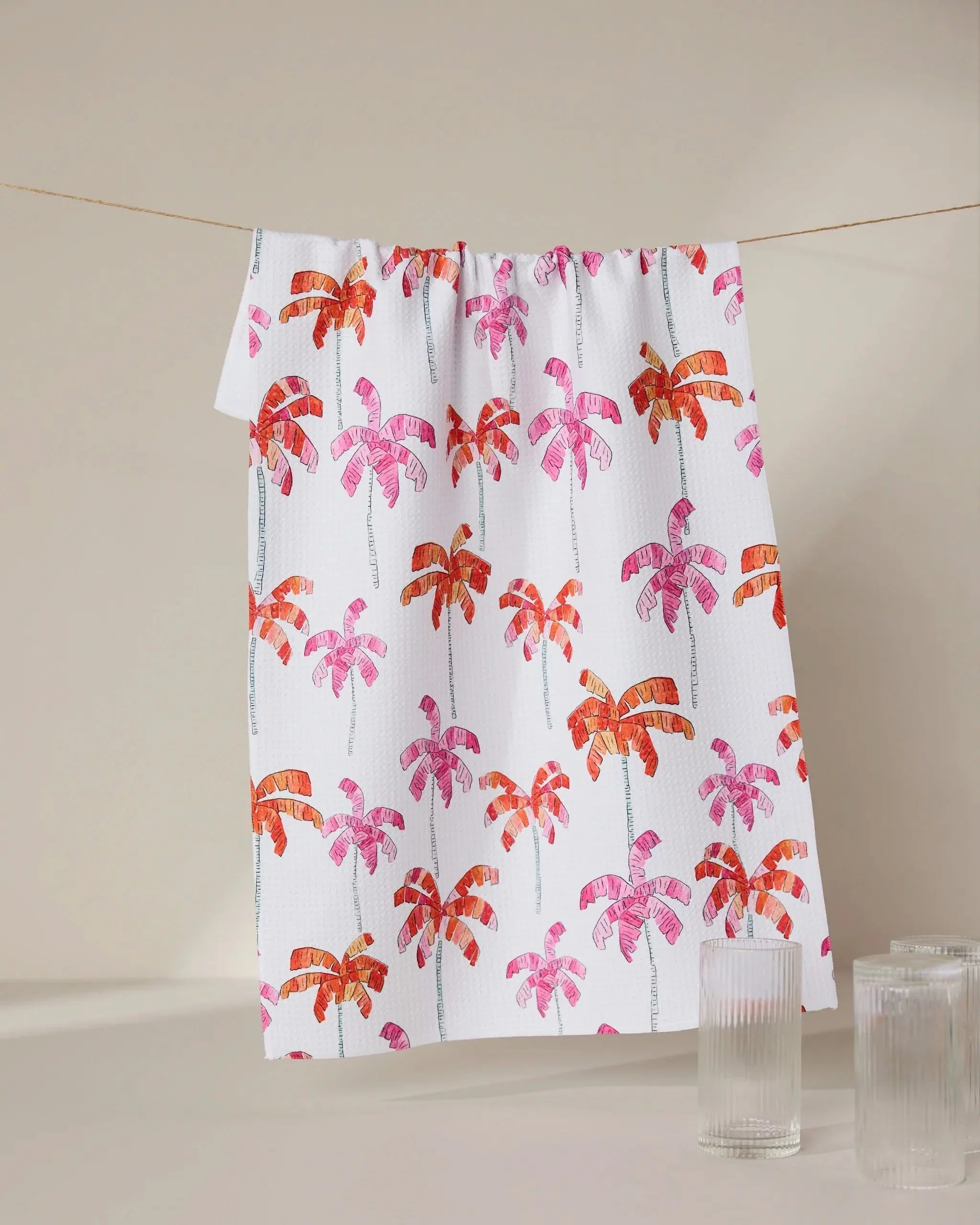 Geometry Pink Palms kitchen tea towel, watercolor palm trees in pink and coral on white