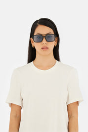 Model wearing MM6 Maison Margiela Lunettes 7 in Noir Azure, side view