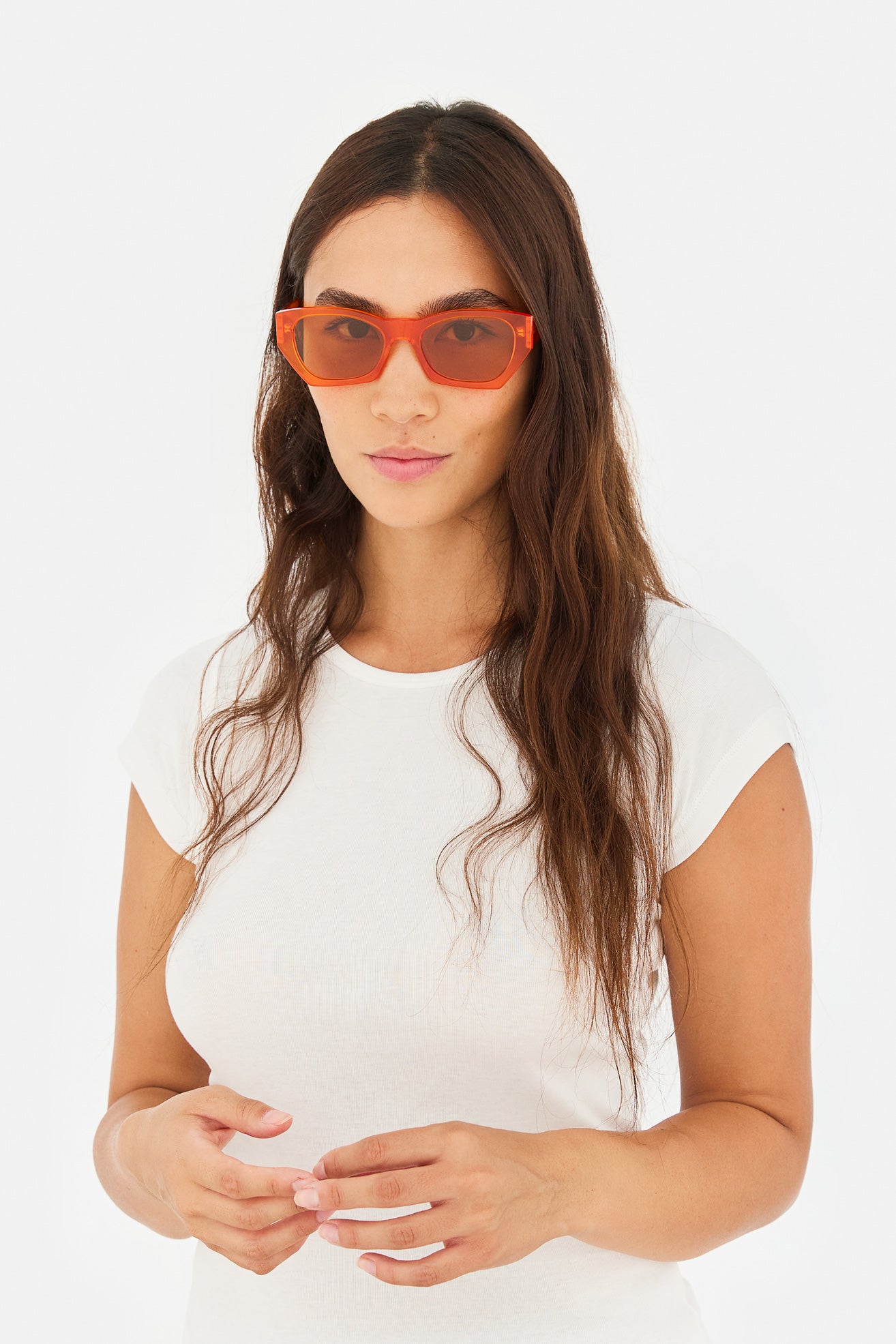 Model wearing Amata Estate in Mandarino