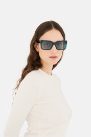 Model wearing Senta in Teal, second view