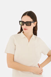 Model wearing Senta in Havana, side view