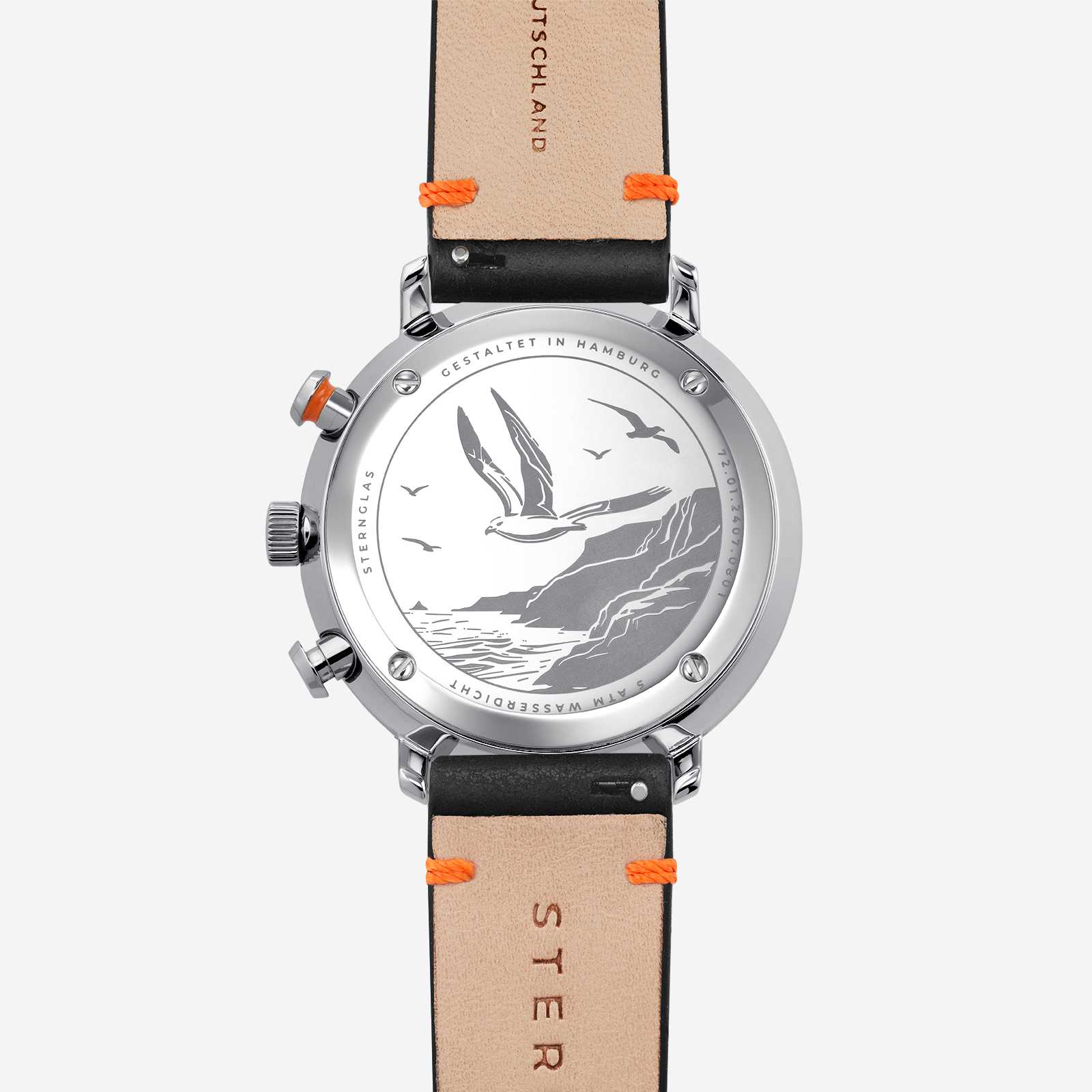 Caseback of the Hamburg Chronograph Edition Küste engraved with the Northern Fulmar