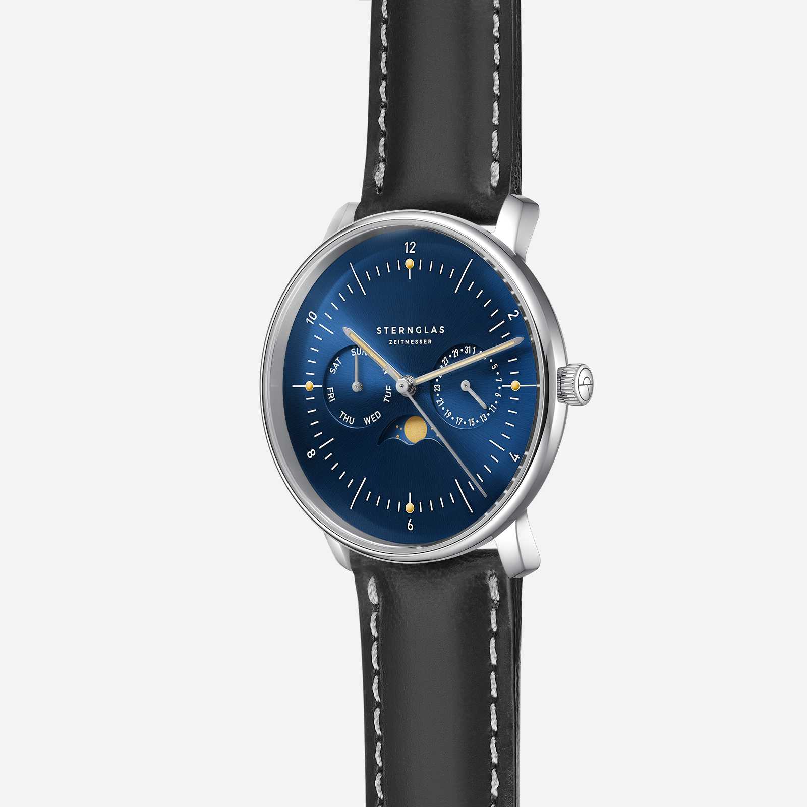 Naos Moonphase in Midnight Blue at a three-quarter angle