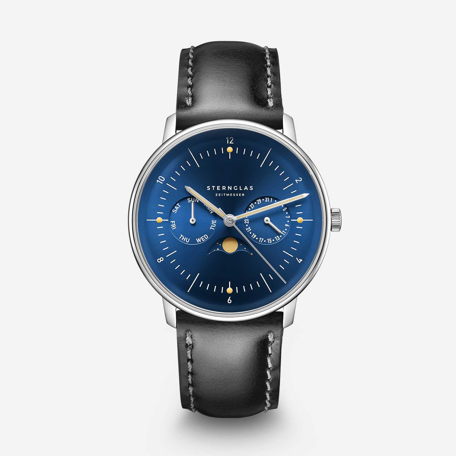 Sternglas Naos Moonphase in Midnight Blue with a sunburst dial and black Bridle strap