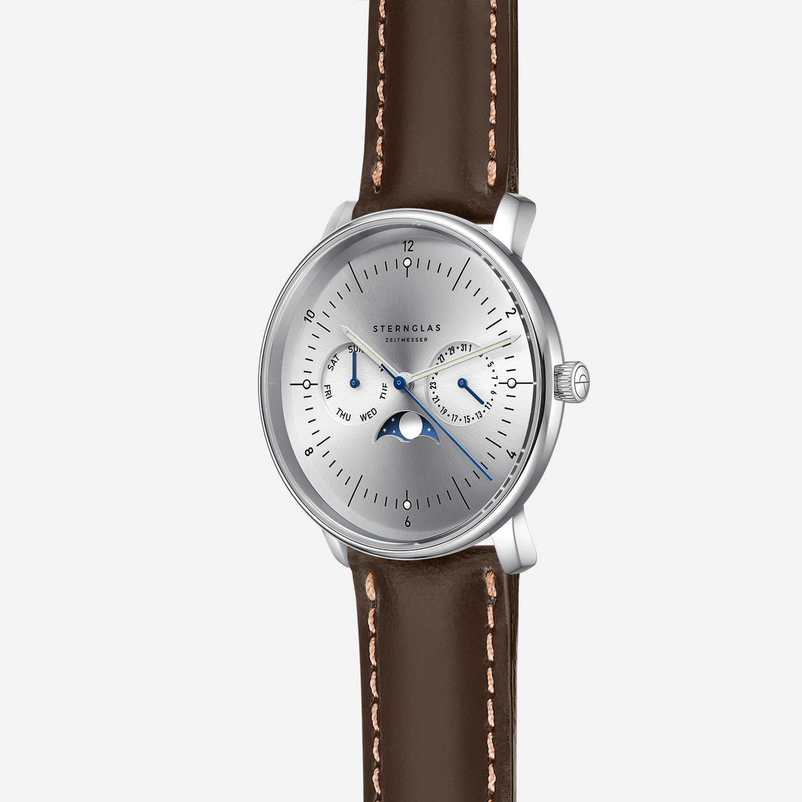 Naos Moonphase in Moon Silver at a three-quarter angle