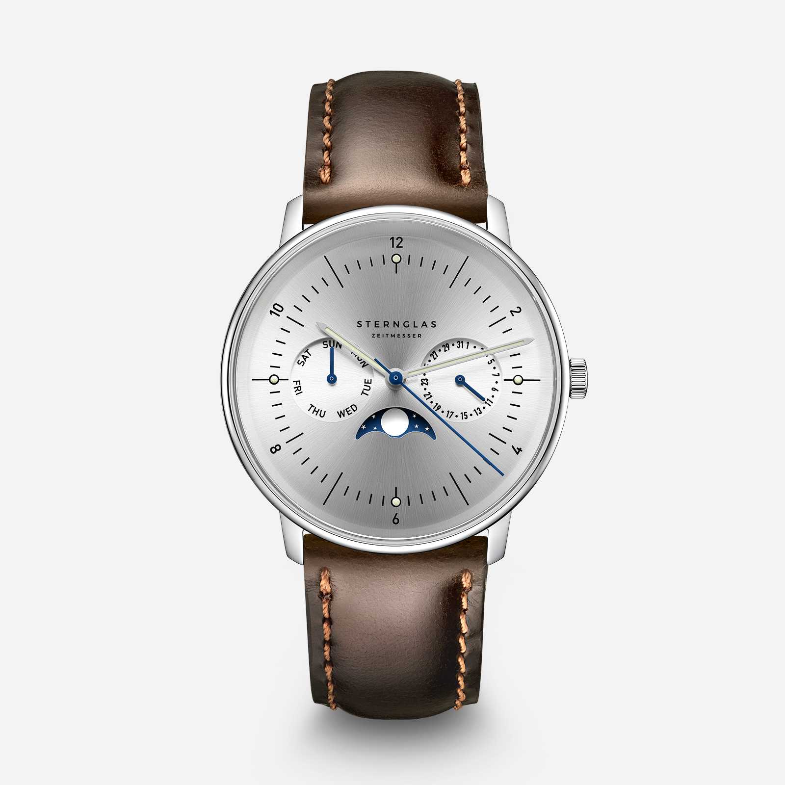 Sternglas Naos Moonphase in Moon Silver with a dark brown Bridle strap
