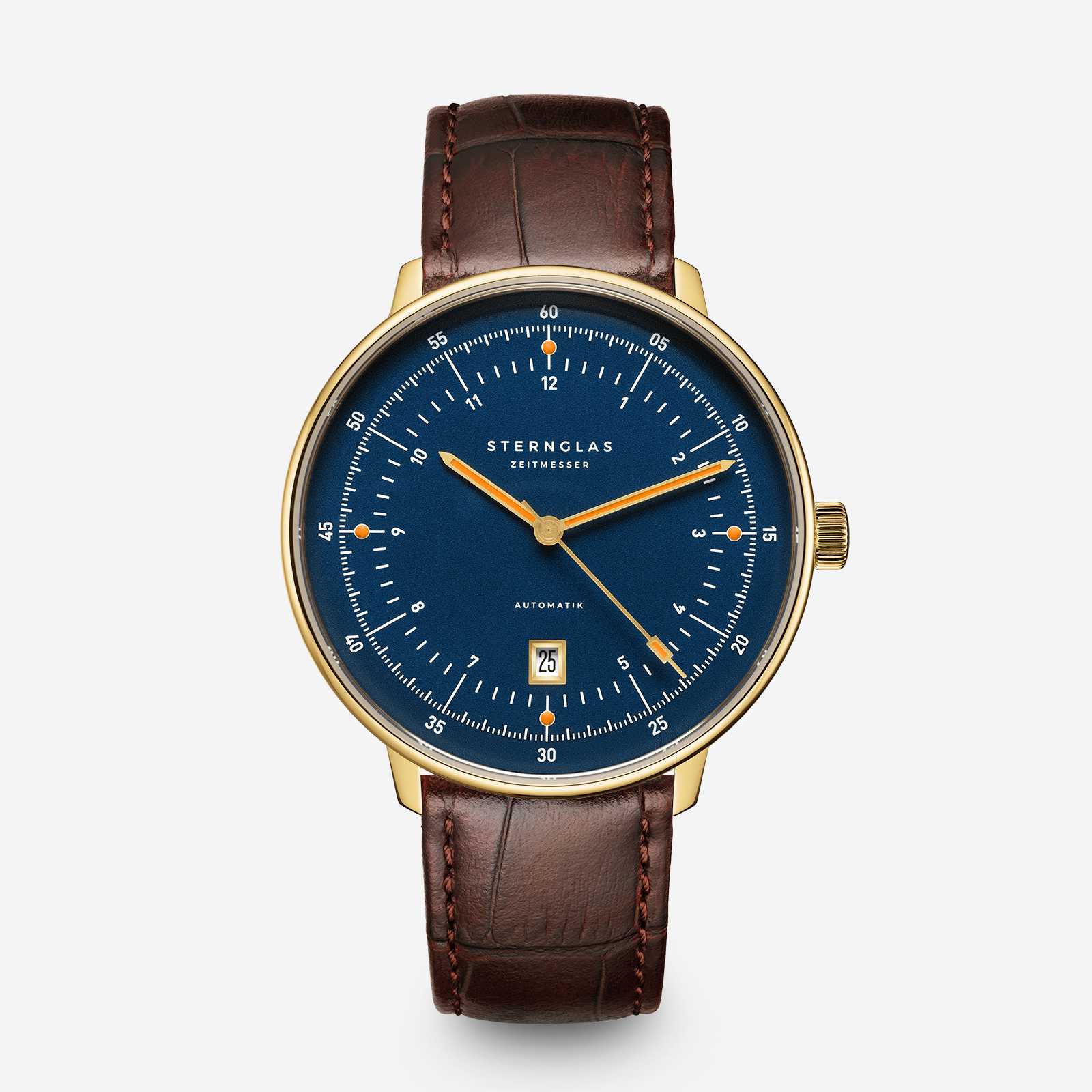 Sternglas Hamburg Automatic Edition Marine, deep blue dial with gold PVD case and brown leather strap