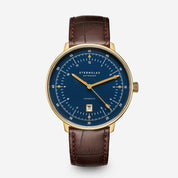 Sternglas Hamburg Automatic Edition Marine, deep blue dial with gold PVD case and brown leather strap
