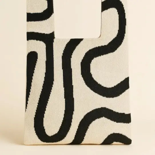 Black and Beige Abstract Flow Knitted Bag