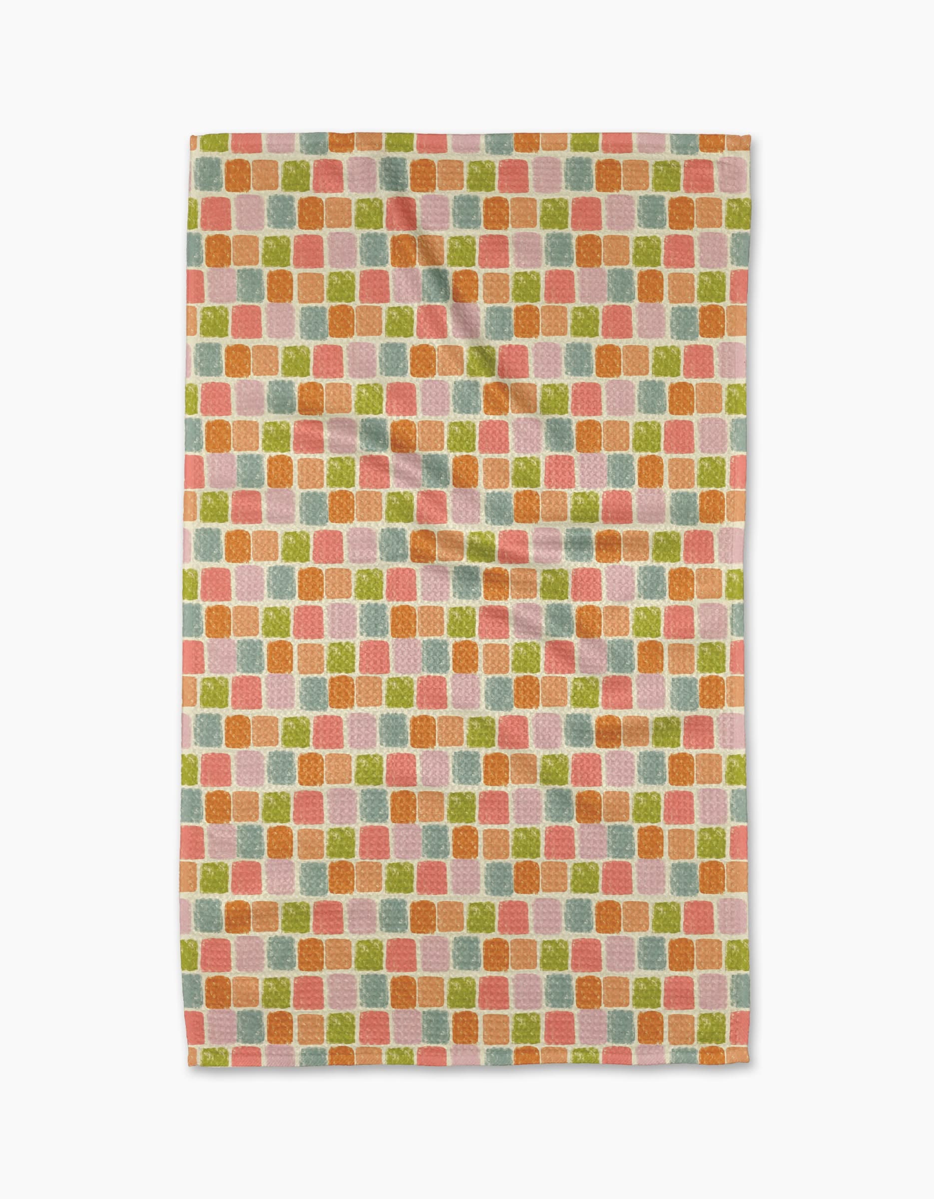 Geometry Beachy Tile kitchen tea towel, checkerboard of coral, olive and teal squares on blush