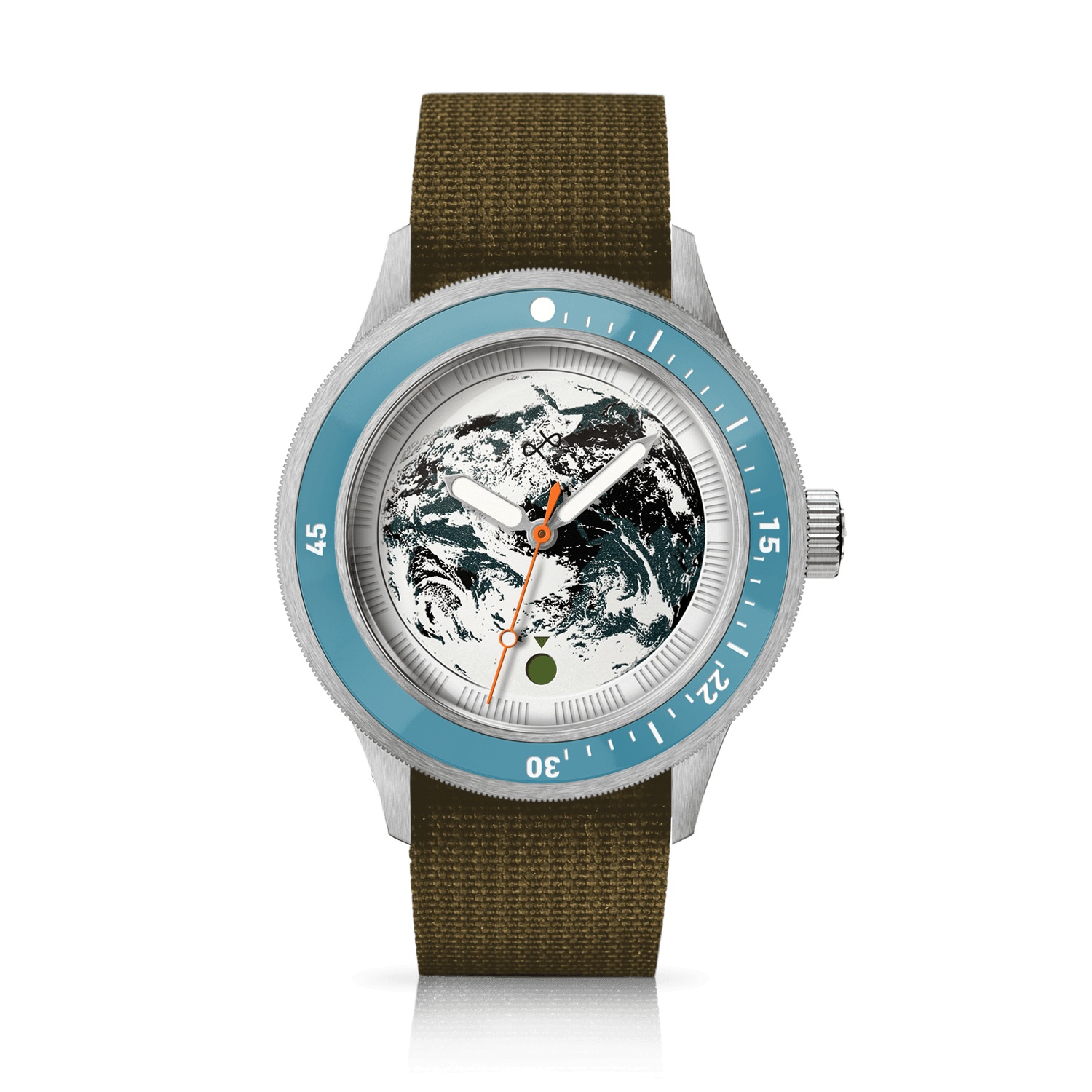 Earthrise WWF Partnership Automatic, 2026 Edition, ice blue dial on recycled army strap, front view