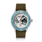 Earthrise WWF Partnership Automatic, 2026 Edition, ice blue dial on recycled army strap, front view