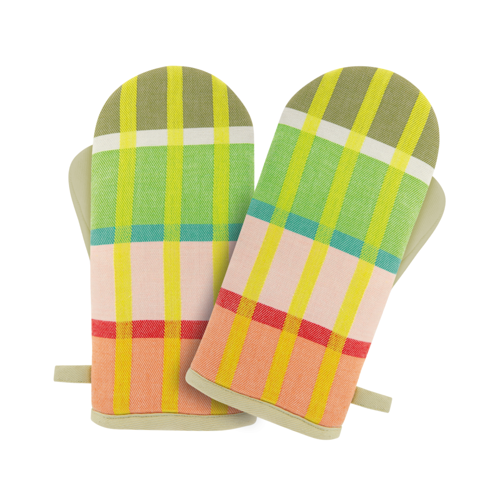 Pair of Remember oven mitts in a green, yellow, pink and coral check weave