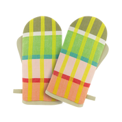 Pair of Remember oven mitts in a green, yellow, pink and coral check weave