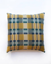 Mungo Skipping Block Cushion in Leapfrog, a mustard, teal and navy Monk's Belt weave