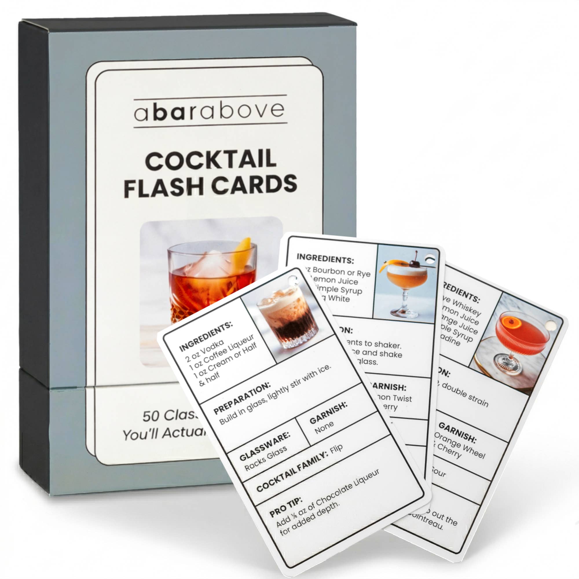 Cocktail Flash Cards box with three recipe cards fanned in front, each showing ingredients, preparation and a drink photo
