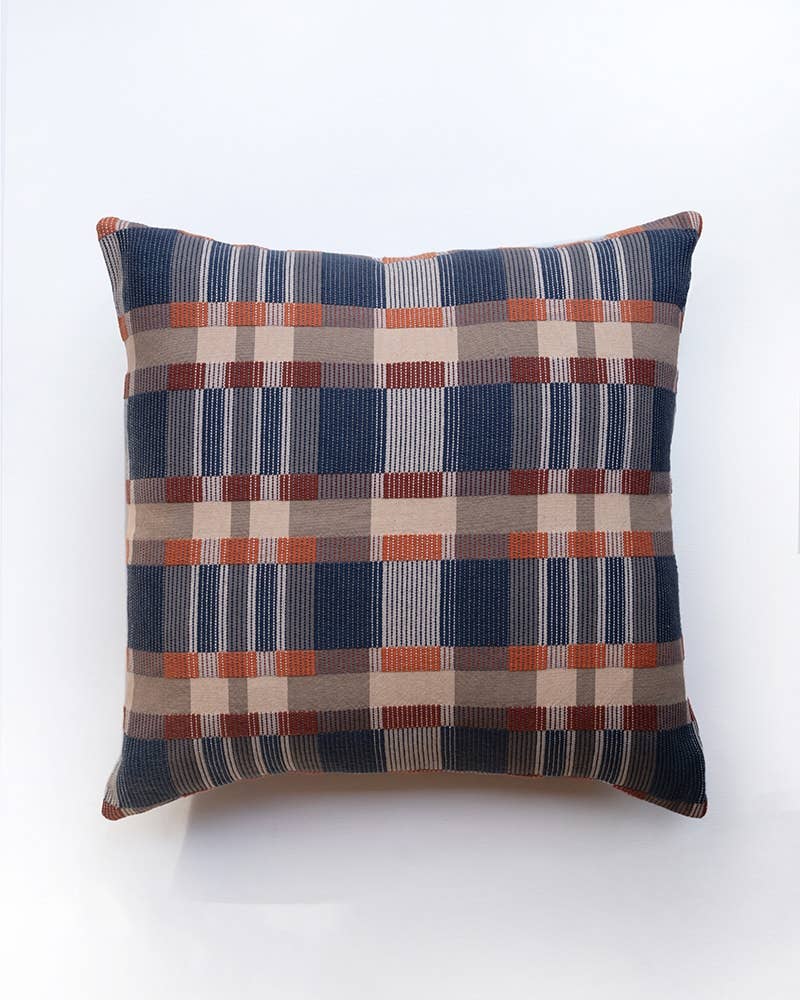 Mungo Skipping Block Cushion in Marbles, a navy, rust and cream Monk's Belt weave