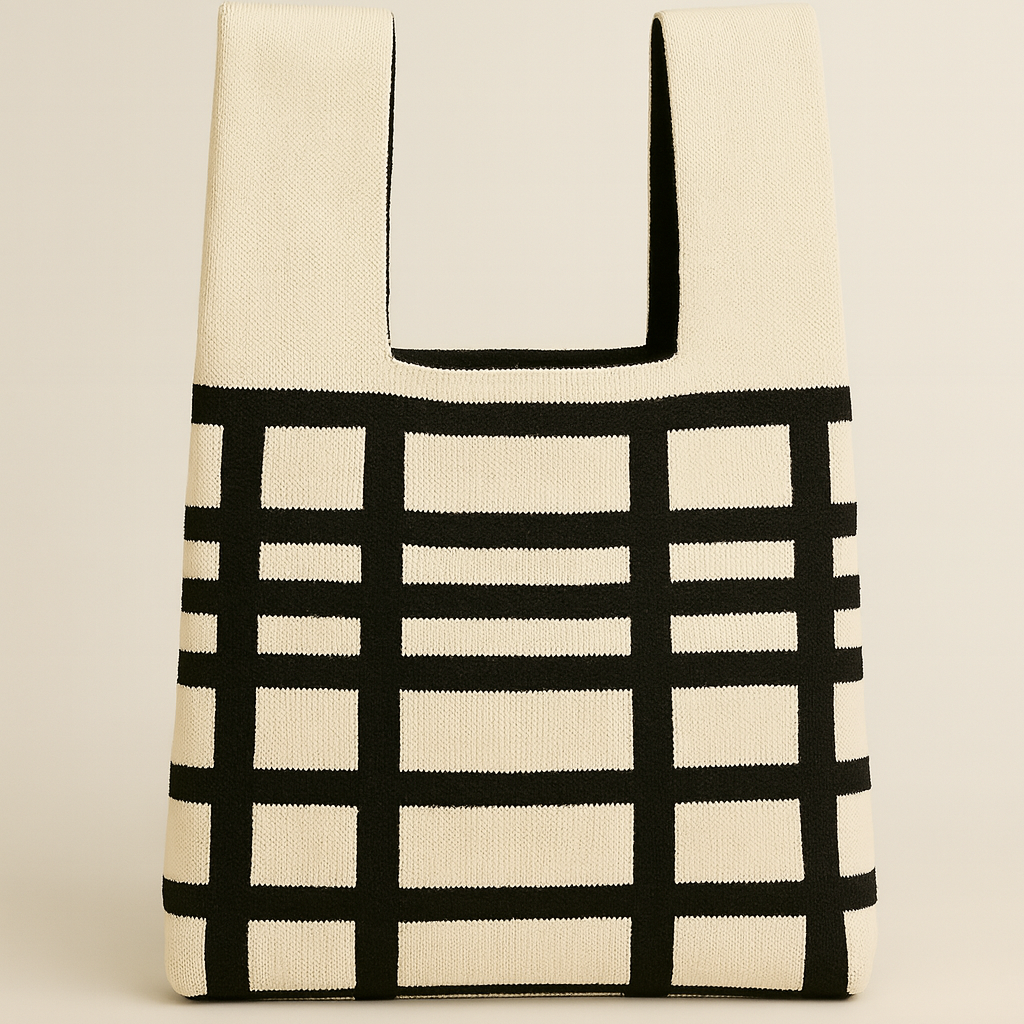 Knitted tote bag with a black grid pattern on a cream base, front view with cut-out top handles