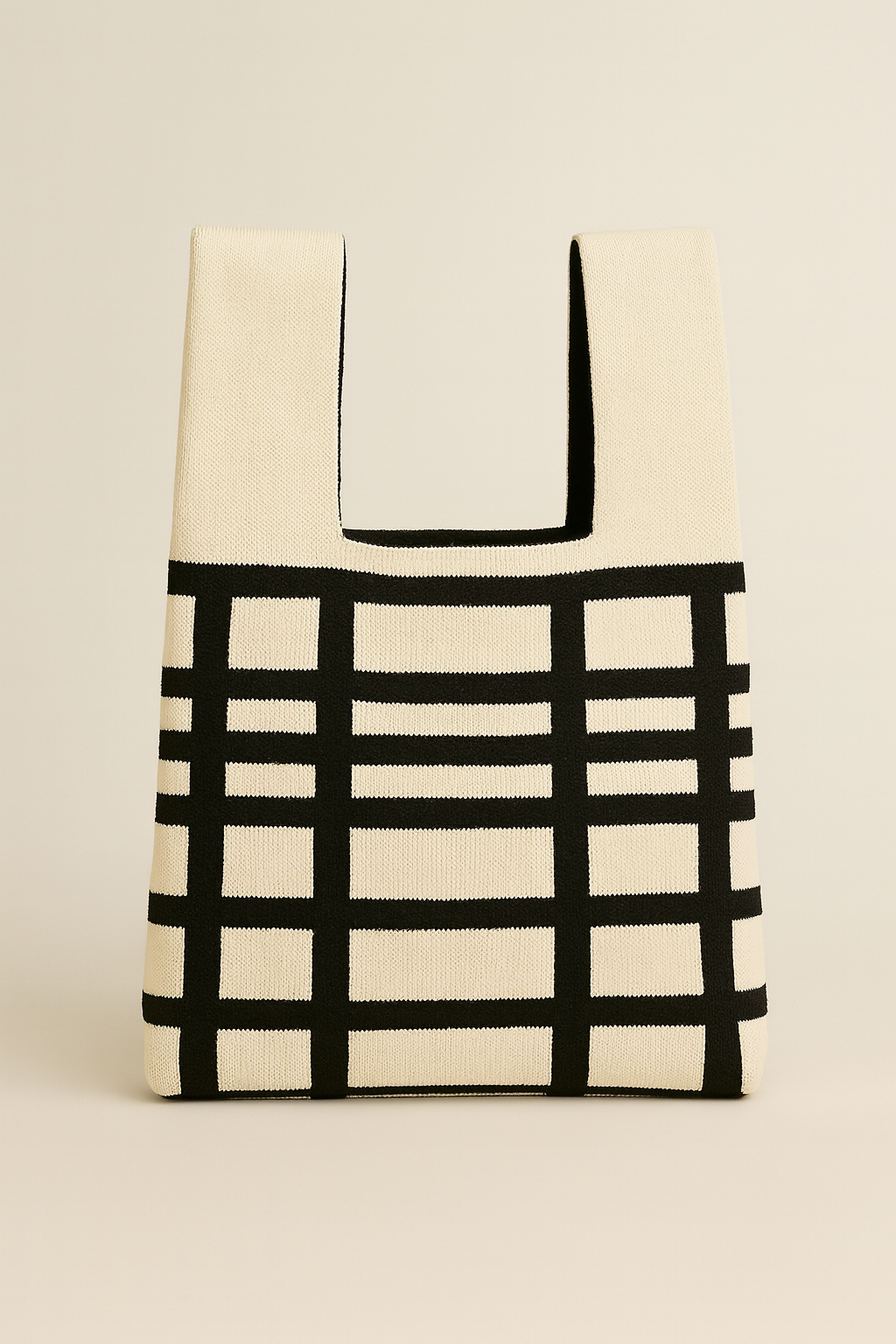Knitted tote bag with a black grid pattern on a cream base, front view with cut-out top handles