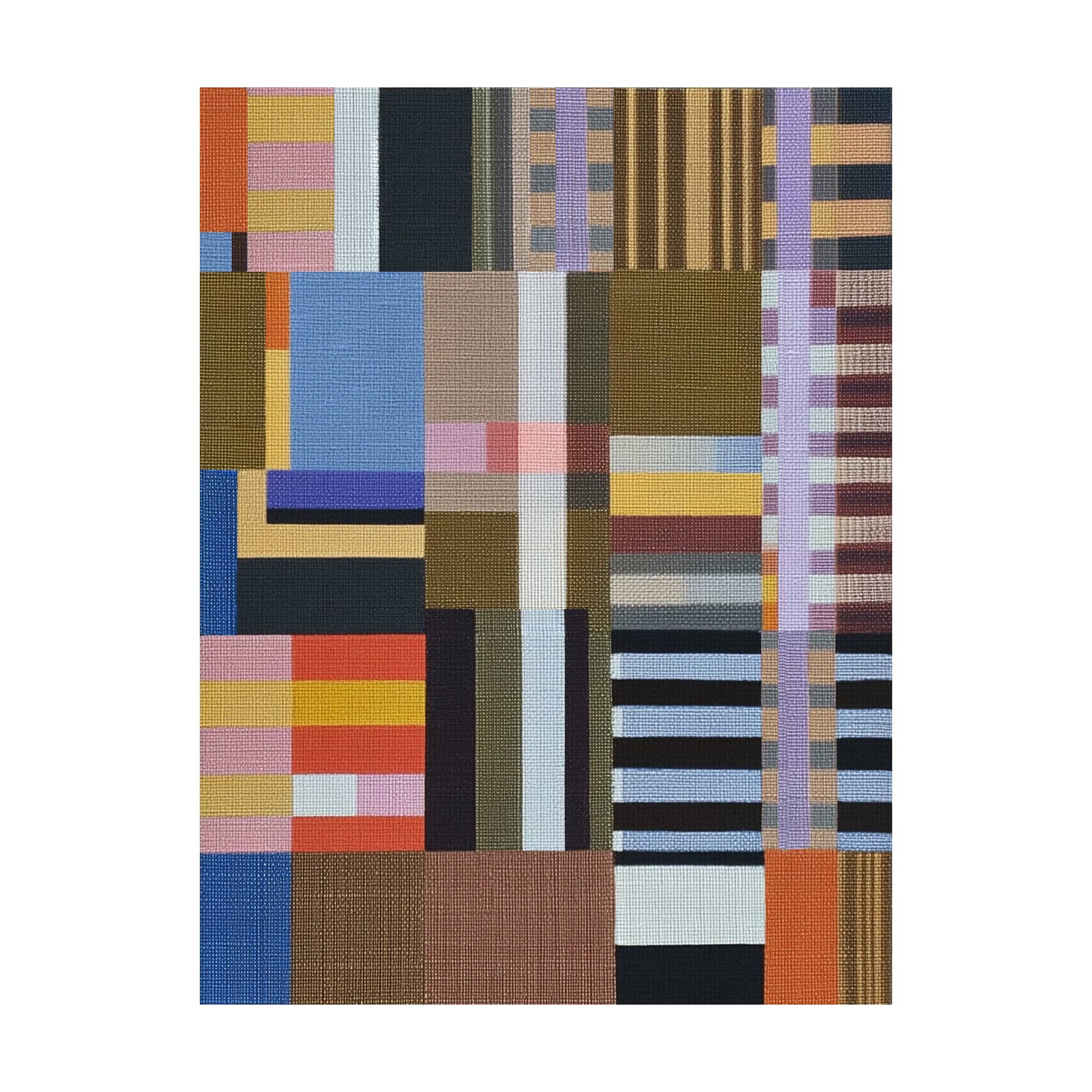 Forma Art Studio Woven Perspectives No. 02 print, a dense polychrome grid in cobalt blue, ochre, pink, olive and black