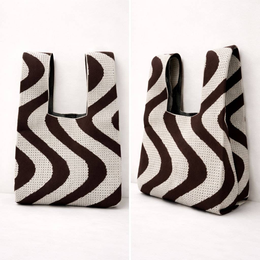 Knitted tote bag with wavy brown and cream stripes, shown from the front and side