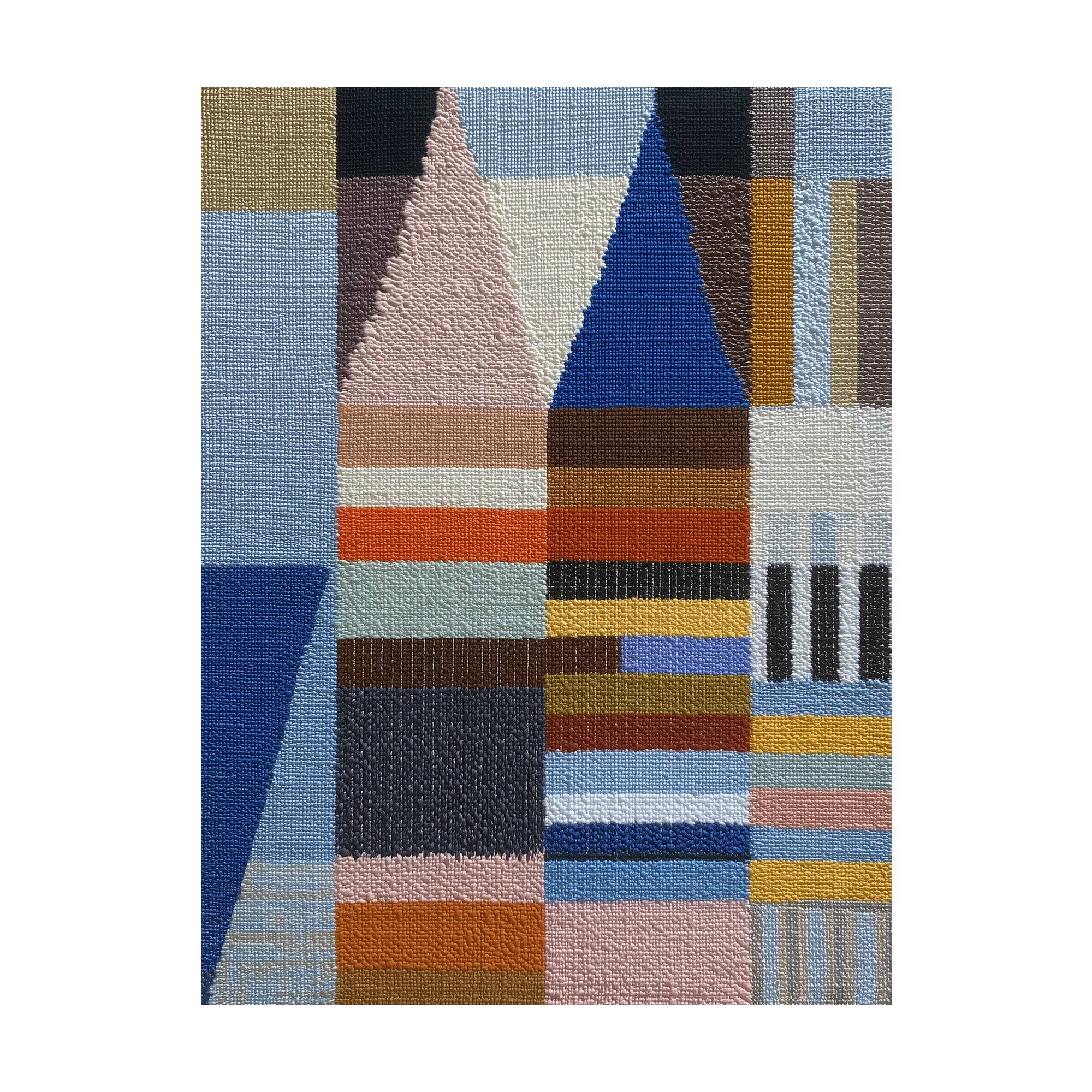 Forma Art Studio Woven Perspectives No. 04 print, a layered grid in sky blue, dusty pink, terracotta and ochre with black and gold accents