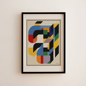 Forma Art Studio Construct No. 02 print, bold black curves over golden-yellow diagonal stripes with blue, green and burnt orange accents