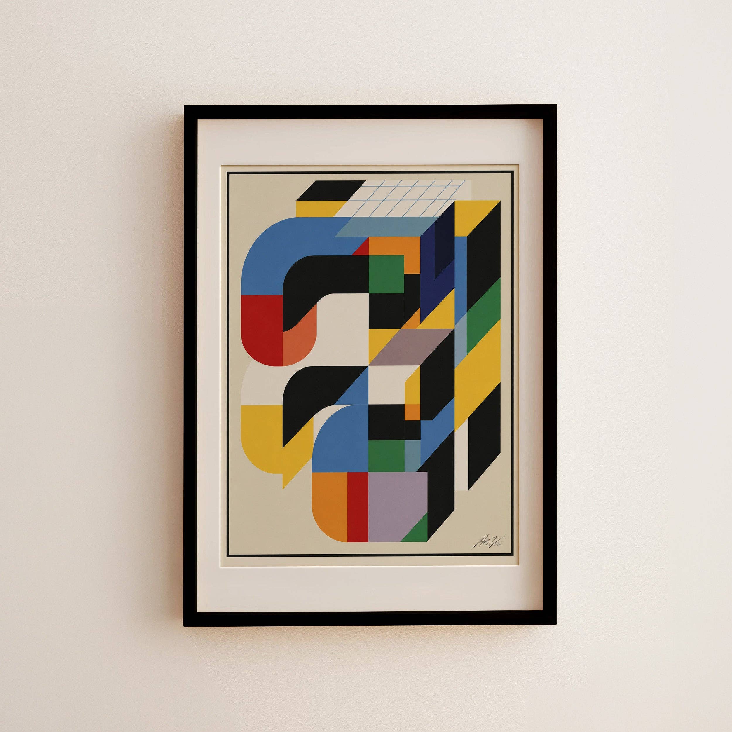 Forma Art Studio Construct No. 02 print, bold black curves over golden-yellow diagonal stripes with blue, green and burnt orange accents