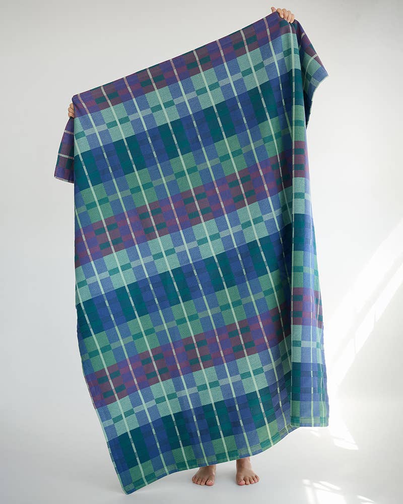 Mungo Picnic Blanket in Mirage, a blue, green and purple check