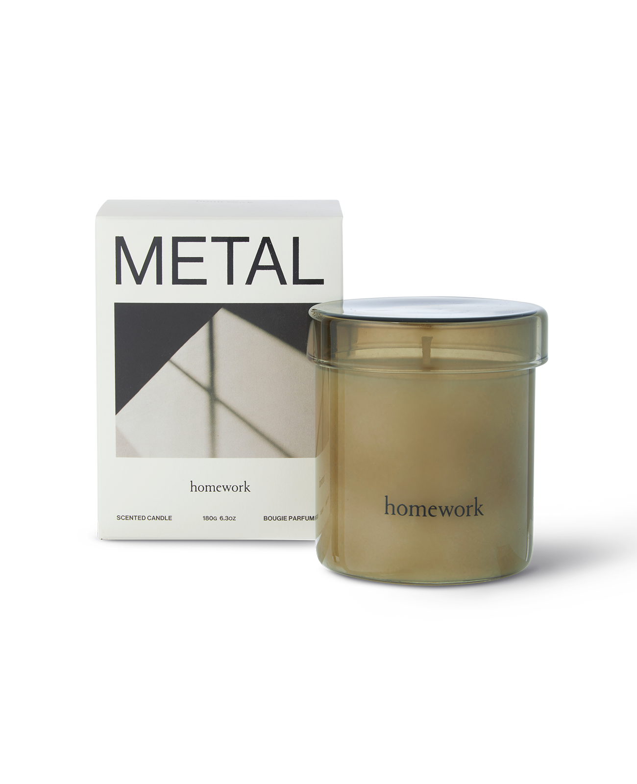 Homework Metal candle, 180g amber glass vessel with its printed box
