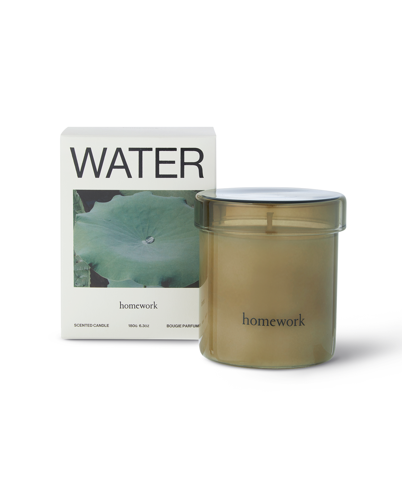 Homework Water candle, 180g amber glass vessel with its printed box