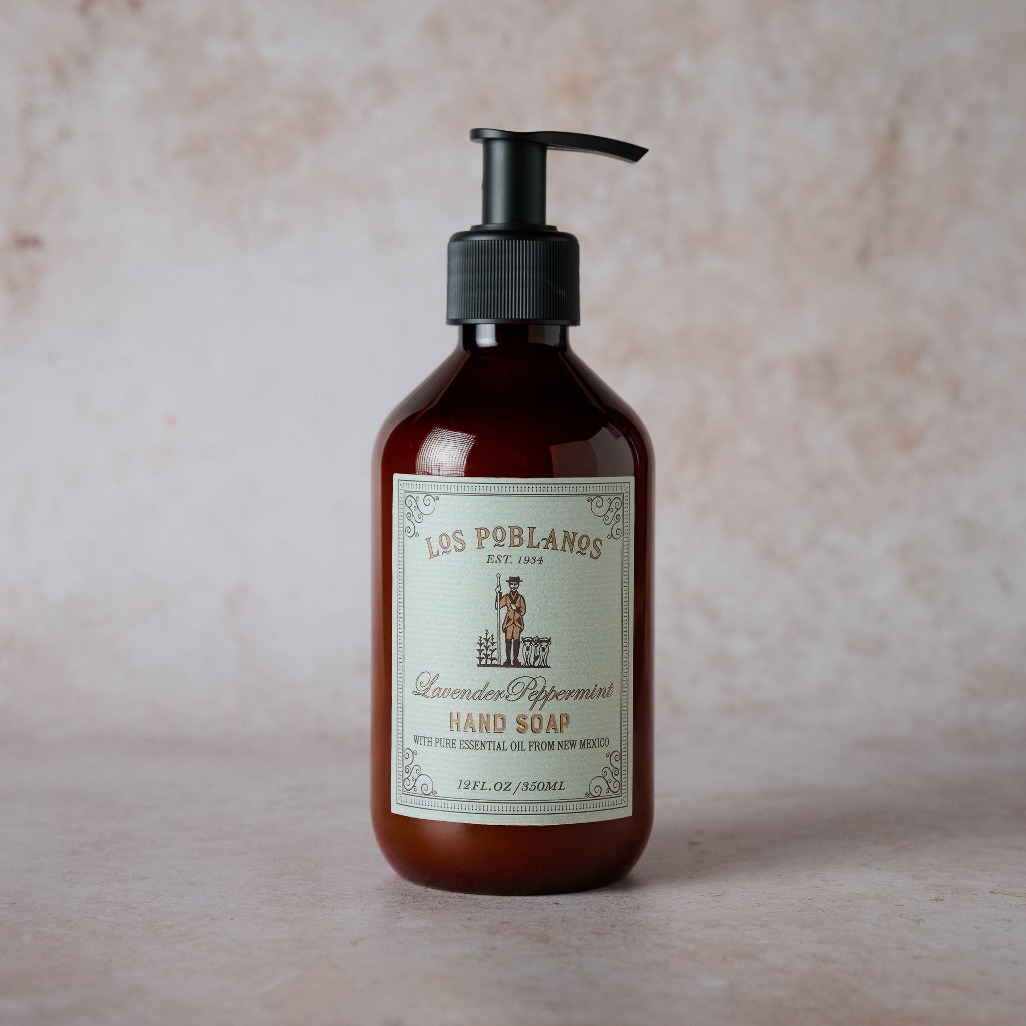 Los Poblanos Lavender Peppermint Hand Soap in a 12 fl oz amber pump bottle