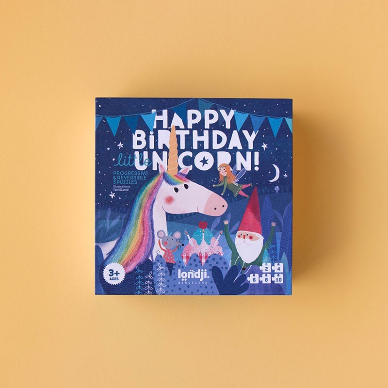 Londji Happy Birthday Unicorn reversible progressive puzzle set