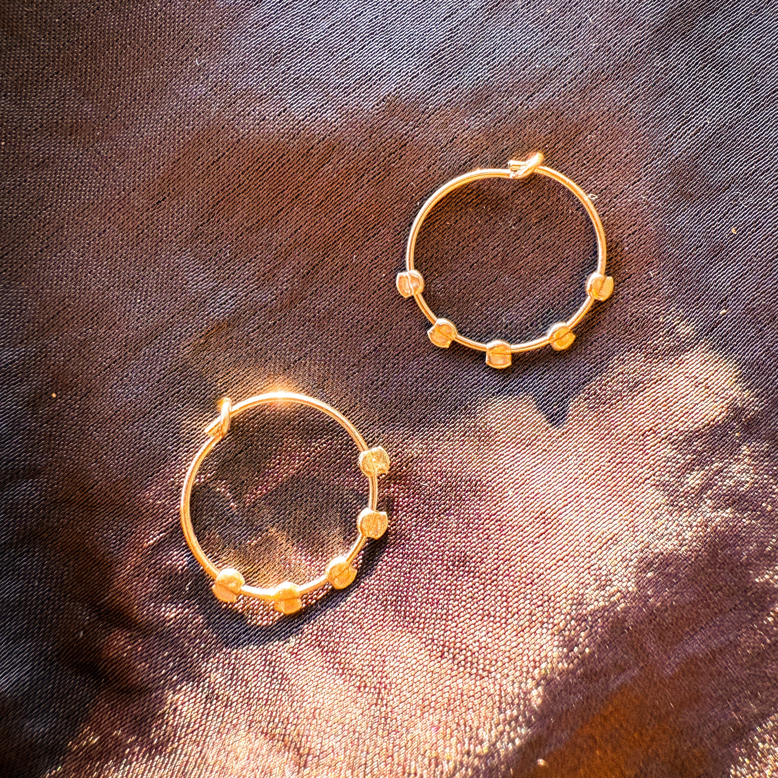 So Niice Sense Earrings, 14k gold-filled hoops with five hammered beads